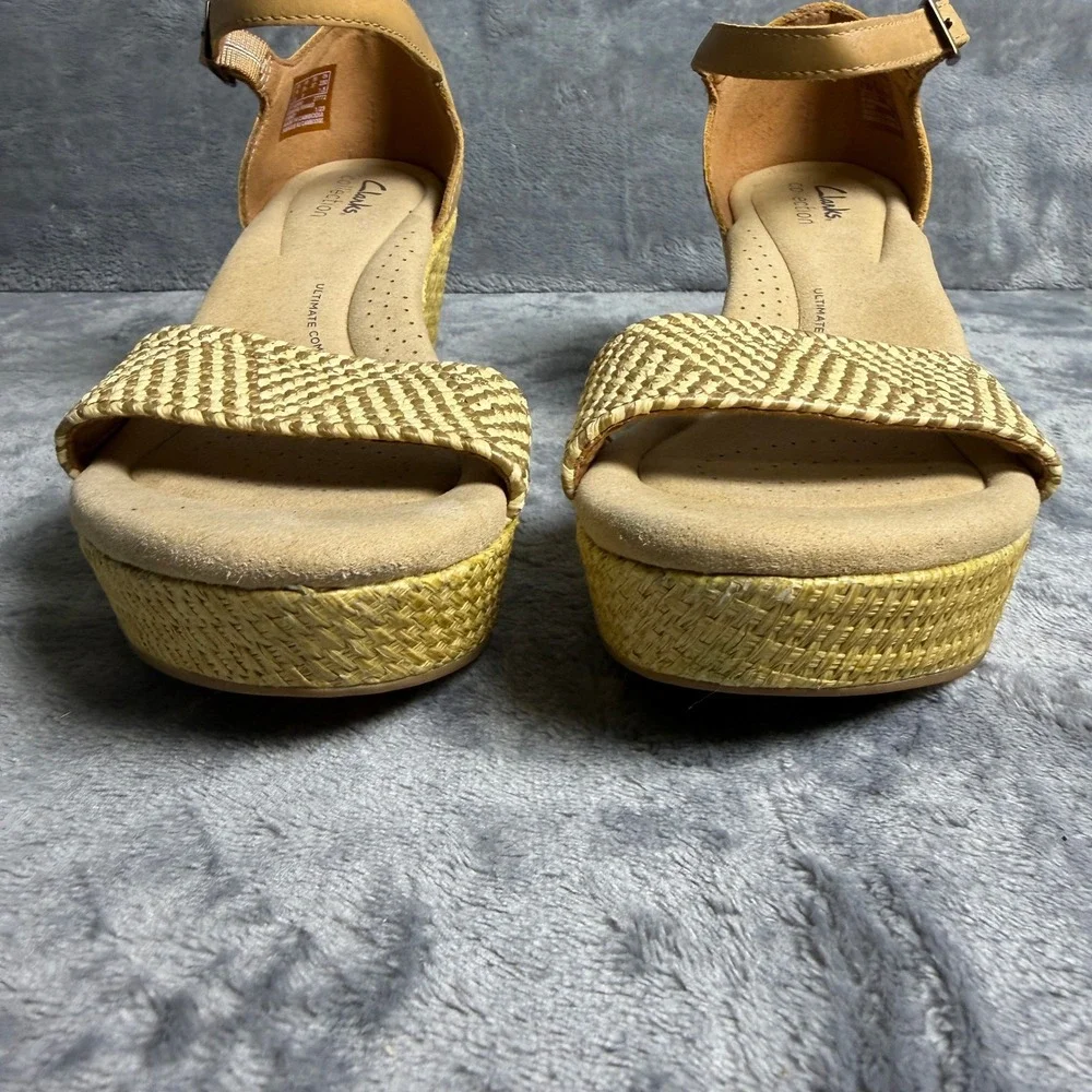 Clarks Womens 6.5 Tan Neutral Beige Straw‎ Woven Platform Wedge Sandals